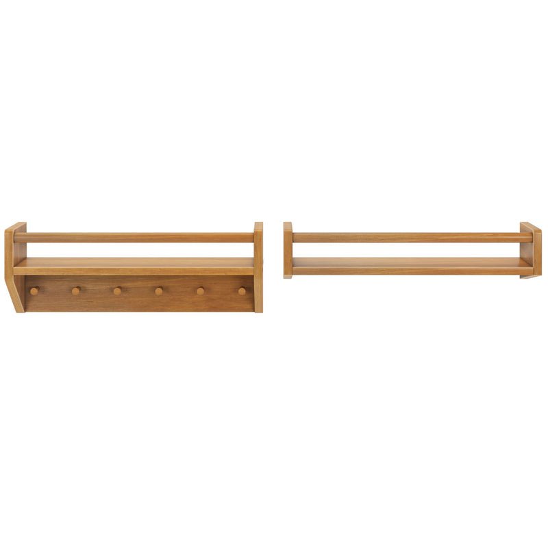Natural wood wall-mounted floating shelves with peg hooks, pair for entryway storage and coat rack