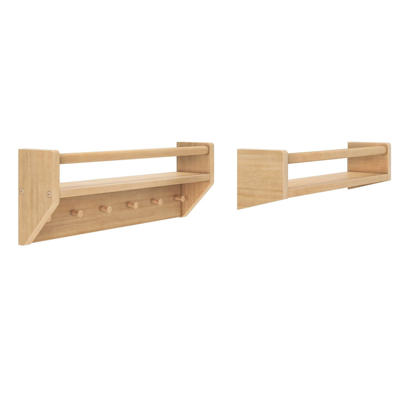 Set of two natural oak floating wall shelves with top rail and peg hooks, minimalist entryway storage and coat rack