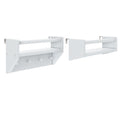 Set of two white wall-mounted shelves with integrated towel bars and peg hooks, minimalist modern space-saving bathroom storage
