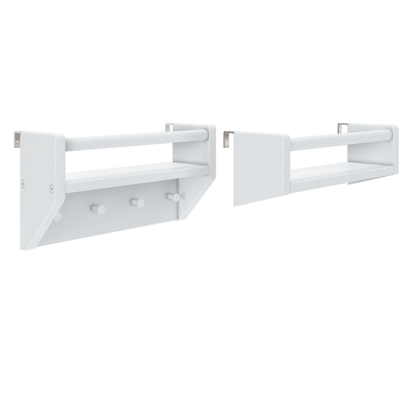 Set of two white wall-mounted shelves with integrated towel bars and peg hooks, minimalist modern space-saving bathroom storage