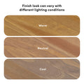 Natural oak wood floor color samples showing warm, neutral, and cool lighting variations with rounded swatches and visible wood grain; finish appearance may vary with lighting conditions