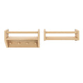 Pair of natural pine wall-mounted shelves with towel bars and wooden peg hooks for bathroom or entryway storage
