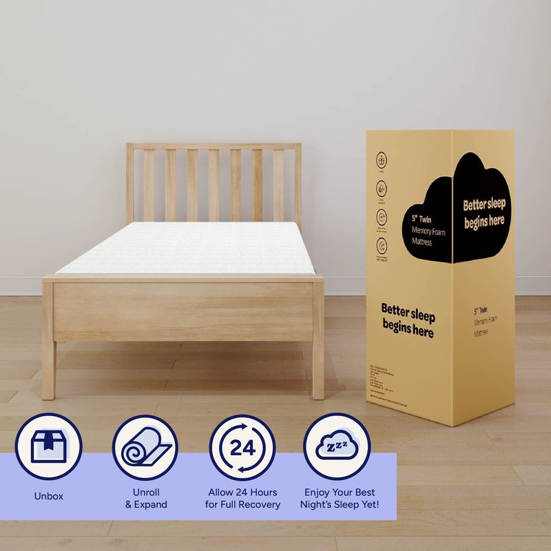 Twin memory foam mattress-in-a-box beside light wood bed frame in minimalist bedroom with unbox, unroll and 24-hour recovery icons