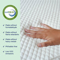 CertiPUR‑US certified quilted memory foam mattress topper with hand pressing into white pressure‑relieving foam, non‑toxic, phthalate‑free and low VOC emissions