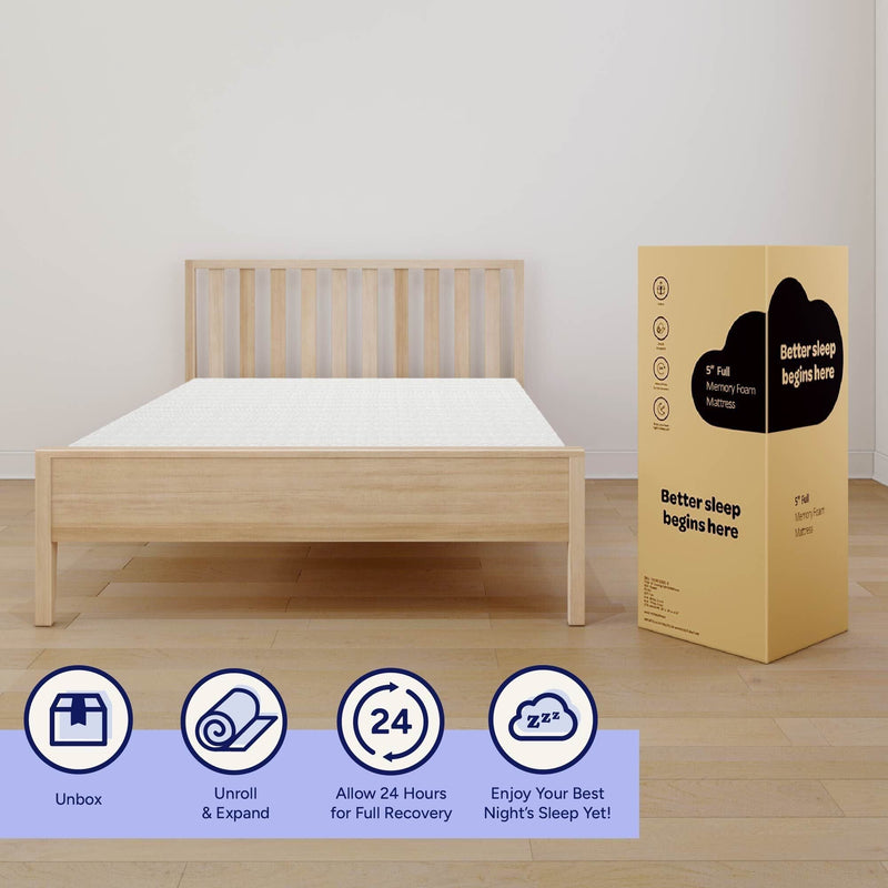 Full-size memory foam mattress on a light wood platform bed frame beside a boxed ship-in-a-box mattress with unbox, unroll and 24-hour expansion icons