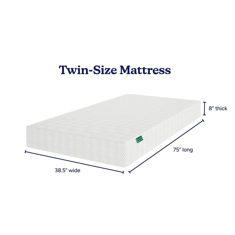 Twin-size mattress 38.5 in × 75 in × 8 in - white quilted foam mattress with textured cover and labeled dimensions