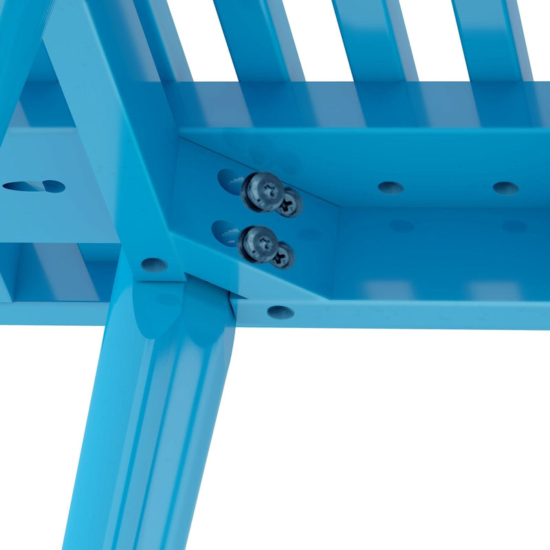 Close-up view of blue metal chair assembly with screws, focusing on sturdy construction and design.