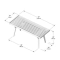 Mid-century modern slatted bench with dimensions: 41 inches long, 17 inches wide, 18 inches high.