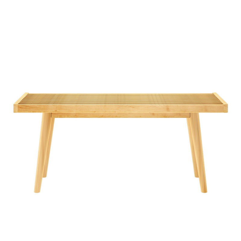 Modern wooden slatted bench with minimalist design.