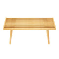 Minimalist wooden slatted bench with natural finish and modern design.