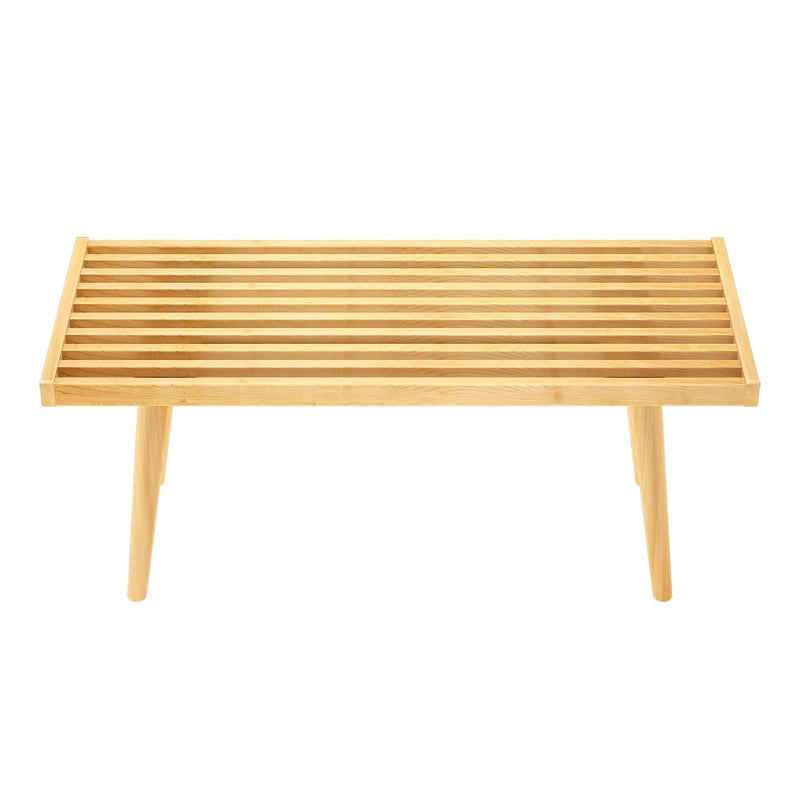 Minimalist wooden slatted bench with natural finish and modern design.