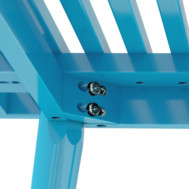 Close-up of blue metal bench assembly showcasing durable construction and bolts for outdoor furniture.
