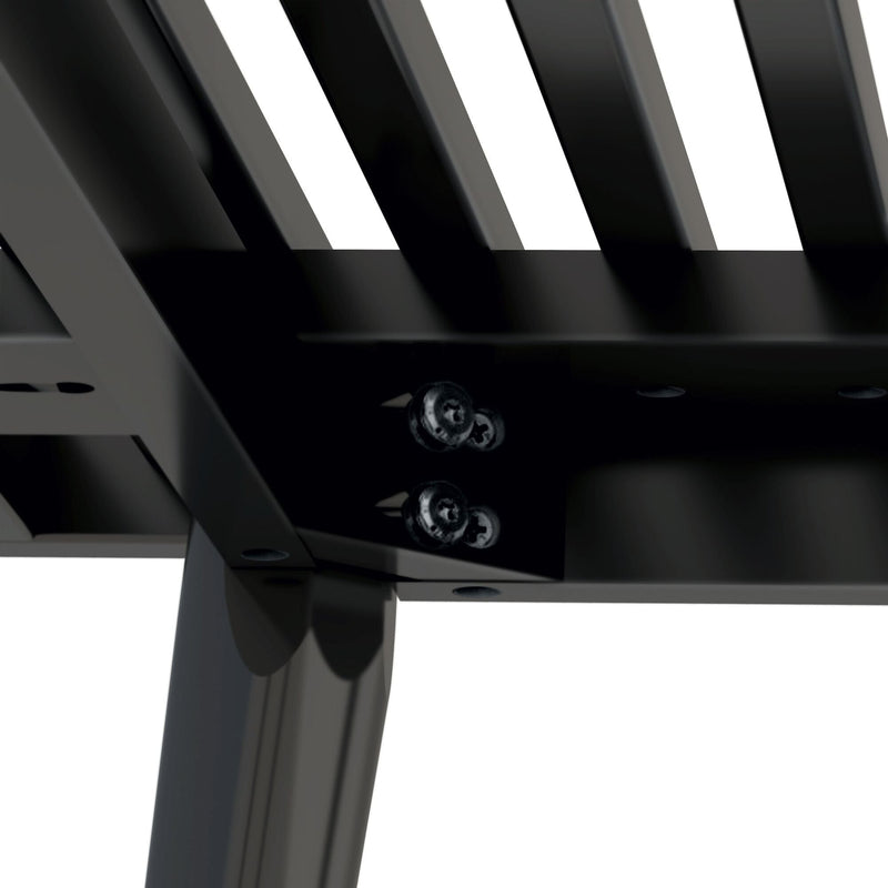 Close-up of sturdy black metal furniture frame and screws, showcasing industrial design and durability.