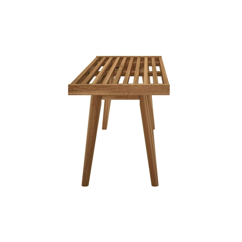 Mid-century modern wooden bench with slatted seat and tapered legs, ideal for home decor and storage.