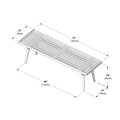 Mid-century modern wooden slatted bench with tapered legs and assembly diagram showing dimensions 57 in (145 cm) length, 17 in (43 cm) width, and 18 in (45 cm) height