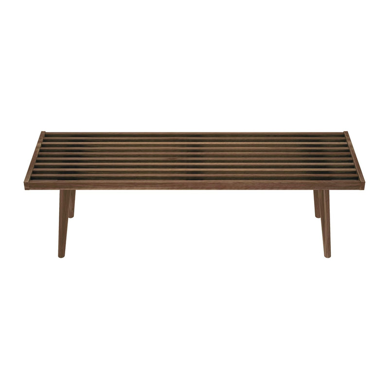Wooden slatted walnut table with mid-century legs on white background — rustic tabletop product mockup