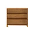Natural oak three-tier shoe cabinet with slanted front shelves, mid-century modern style