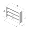 Three-shelf wooden bookcase dimensions diagram, isometric view with labeled measurements in inches and centimeters (38" / 96cm, 35" / 90cm, 33" / 84cm, 9" / 23cm shelf spacing), tapered legs and assembly details.