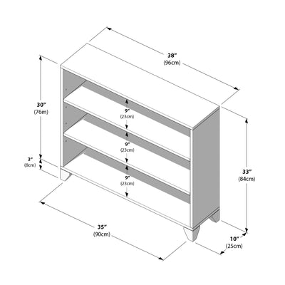 Isometric assembly diagram of a three-shelf wooden bookcase showing dimensions and measurements: 38