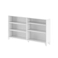 White modern two-column bookshelf with six open shelves and tapered legs, versatile storage unit for living room or office