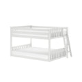 White wooden bunk bed with ladder, slatted headboards and safety guardrail, modern two-tier loft bed for kids' bedroom