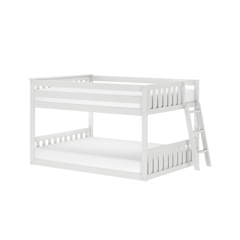 White wooden bunk bed with ladder, slatted headboards and safety guardrail, modern two-tier loft bed for kids' bedroom