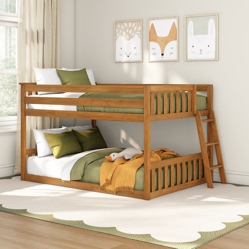 Wooden bunk bed in a bright kids bedroom with olive-green bedding, mustard throw, wooden ladder, framed animal wall art and beige curtains