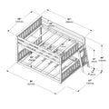 Wooden bunk bed frame dimensions diagram showing ladder, guardrails, slatted mattress supports and labeled measurements in inches and centimeters.