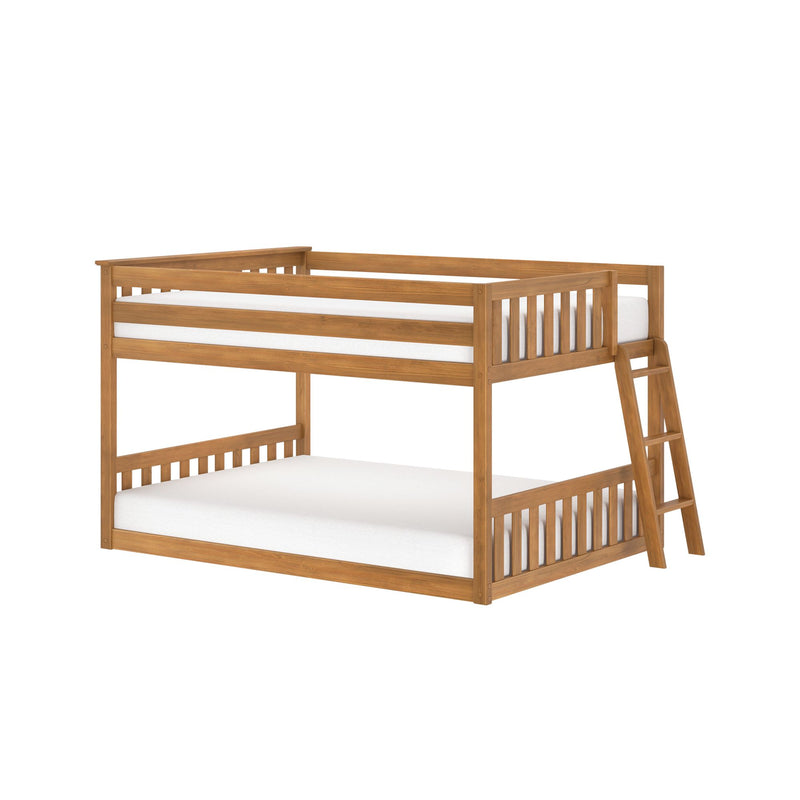 Solid wood twin-over-full bunk bed with ladder, slatted rails and natural oak finish — space-saving kids' bedroom furniture