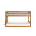 Natural wood twin-over-twin bunk bed frame with slatted guardrails and white mattresses, modern minimalist wooden platform bed design