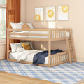 Twin wooden bunk bed in neutral children's bedroom with ladder, cozy bedding, sun wall art, orange curtains and blue plaid rug