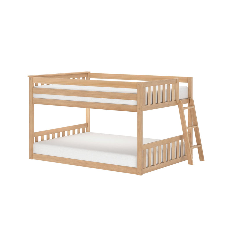 Natural light wood two-tier bunk bed with ladder and slatted guardrails, minimalist children's bedroom furniture