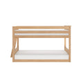 Natural wood bunk bed frame with white mattresses and slatted guardrail, minimalist modern children's bedroom furniture