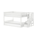 White wooden bunk bed with staircase, guardrails and built-in storage — modern kids loft bed for children's bedroom