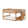Natural-finish wooden loft bunk bed with built-in staircase and storage drawers, white mattresses