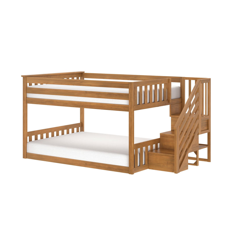 Natural-finish wooden loft bunk bed with built-in staircase and storage drawers, white mattresses