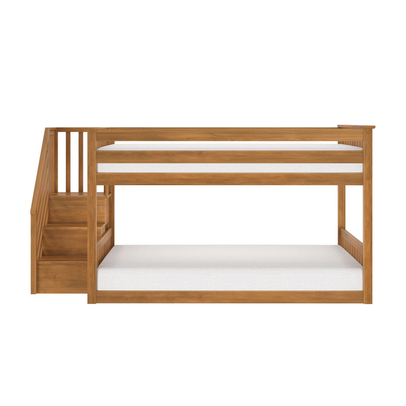 Solid wood twin-over-full bunk bed with built-in storage stairs, natural oak finish and white mattresses