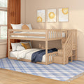 Wooden bunk bed with stairs in neutral beige kids' bedroom, sun wall art, orange curtains, blue plaid rug and cozy pillows