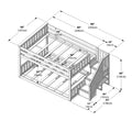 Technical assembly diagram of a wooden bunk bed frame with attached staircase, guardrails and slatted mattress supports showing detailed dimensions in inches and centimeters for assembly and fitment.