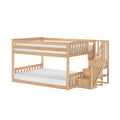 Wooden loft bunk bed with staircase and built-in storage drawers, natural wood finish space-saving kids' bed