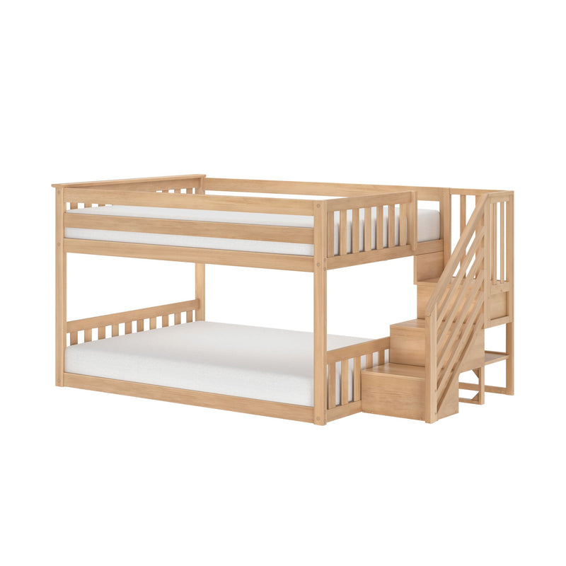 Wooden loft bunk bed with staircase and built-in storage drawers, natural wood finish space-saving kids' bed