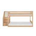Natural oak wooden bunk bed with built-in staircase and storage steps, modern kids' twin-over-full loft bed with mattresses