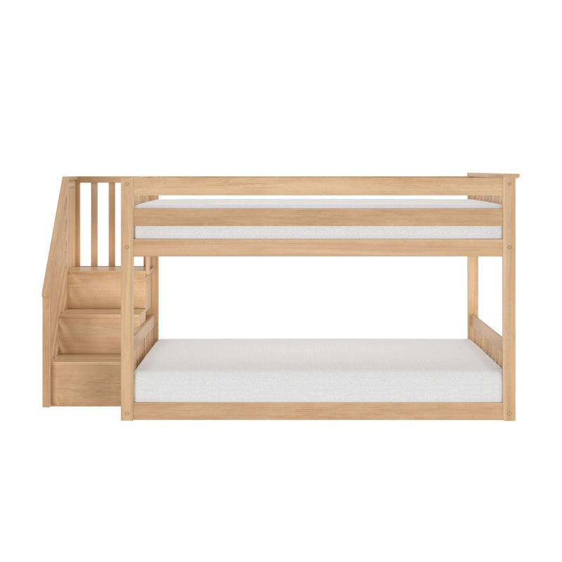 Natural oak wooden bunk bed with built-in staircase and storage steps, modern kids' twin-over-full loft bed with mattresses