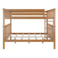 Wooden bunk bed frame in natural finish with integrated ladder, slatted guardrails and mattress supports, modern farmhouse style
