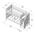 Assembly diagram of wooden twin-over-full bunk bed with integrated stairs, slatted guardrails and mattress support, labeled dimensions 100 in (255 cm) x 81 in (205 cm) x 65 in (165 cm)