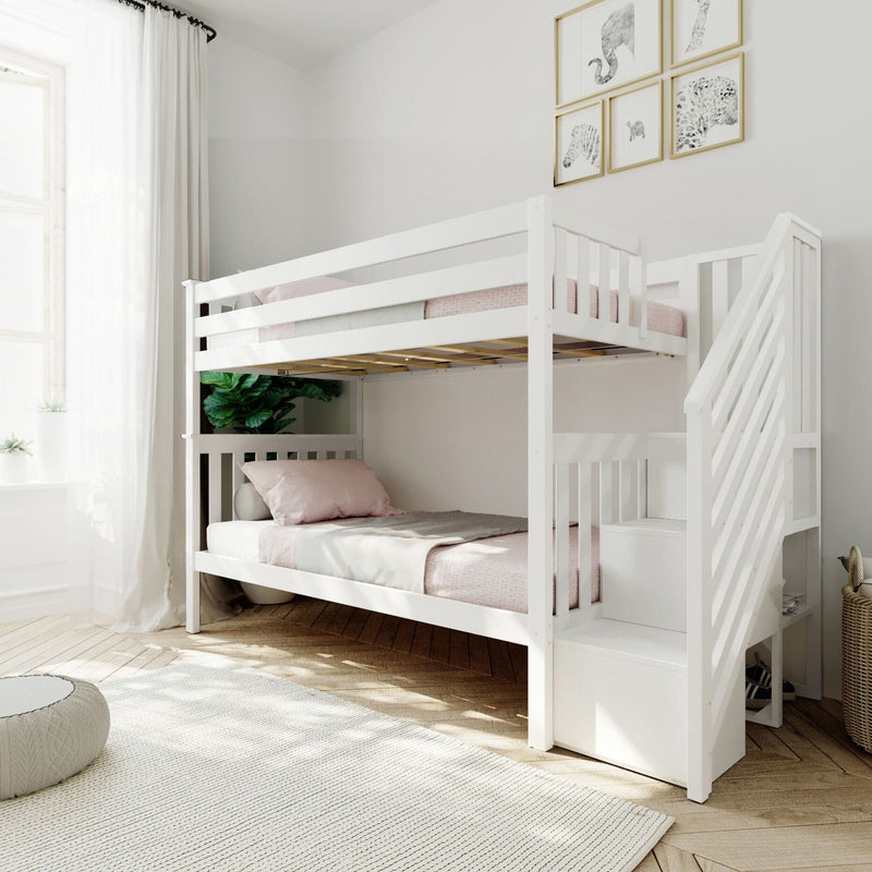 White wooden bunk bed with stairs in bright modern kids bedroom, pink bedding, framed animal prints, houseplant and sheer curtains