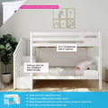 White solid pine kids loft bunk bed with staircase entry and built-in storage, twin-over-twin design with pink bedding, framed nursery wall art and potted plant on hardwood floor