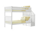 White wooden twin-over-twin bunk bed with built-in staircase and safety guardrails styled with pale yellow bedding and pillows for a modern kids’ bedroom