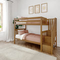 Modern wooden bunk bed with staircase in bright kids bedroom, pink bedding, floral wall art, white curtains and hardwood floor