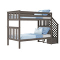 Gray wood twin-over-twin bunk bed with side staircase and safety rails, styled with light blue bedding for modern kids' bedrooms
